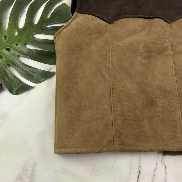 River Mens Vintage 70s Suede Sherpa Lined Vest Size 44 XL Brown Patchwork West - Picture 10 of 10